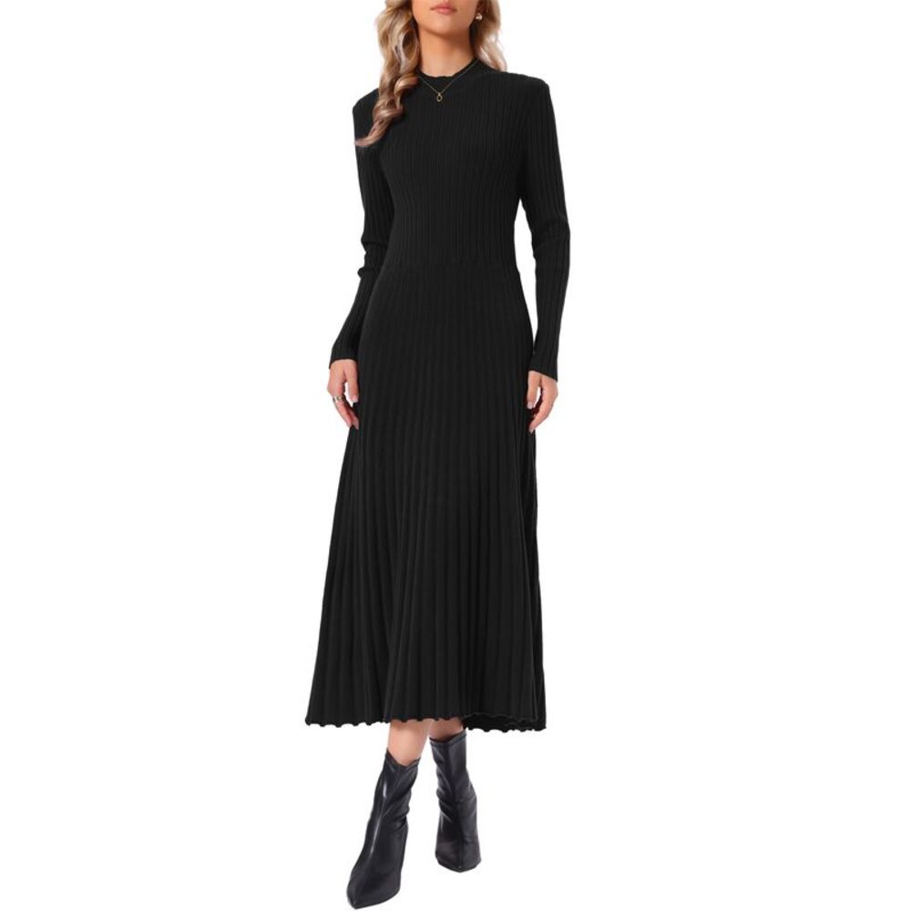 Women's Long Sleeve Bodycon Midi Dress Pleated Sweater Dress Black